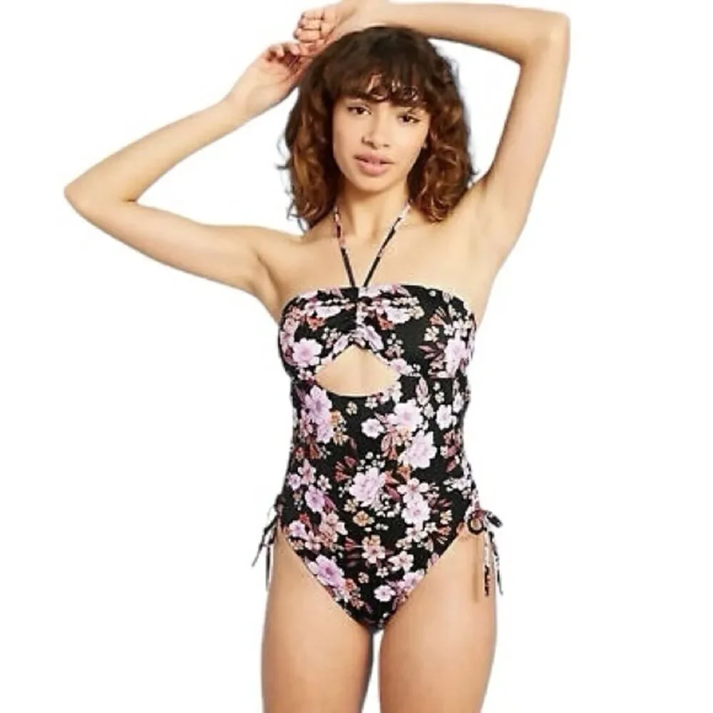 Shade and Shore Black Floral Halter Keyhole Bandeau One Piece Swimsuit